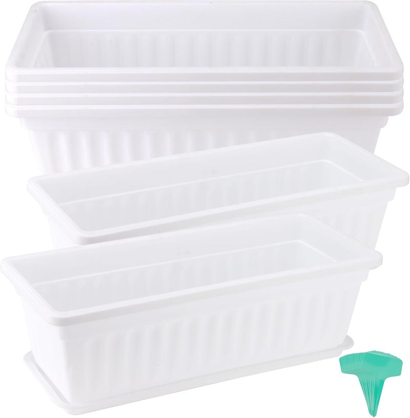 JOIKIT 6 Packs 17 Inch White Plastic Flower Window Boxes Planters with Drainage Holes & Tray, Rectangular Long Vegetable Flower Windowsill Box Planter Pot with Plant Label for Garden Patio Balcony - Image 1